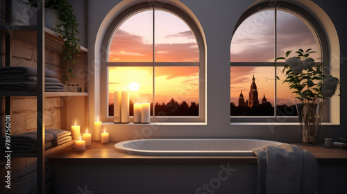 Arched window in modern bathroom at sunset in a city. Generative AI