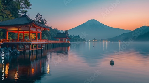 The early morning sun casts a golden glow over Lake Kawaguchiko, framing Mount Fuji's iconic peak. A luxurious travel snapshot capturing nature's grandeur.       © Uliana