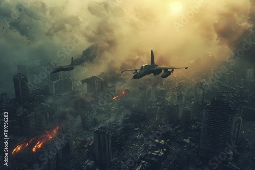 Fighter jets dropping bombs on a large city. The concept of modern war, the third world war