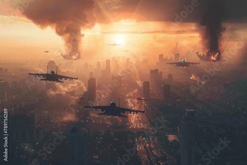 Fighter jets dropping bombs on a large city. The concept of modern war, the third world war

 photo