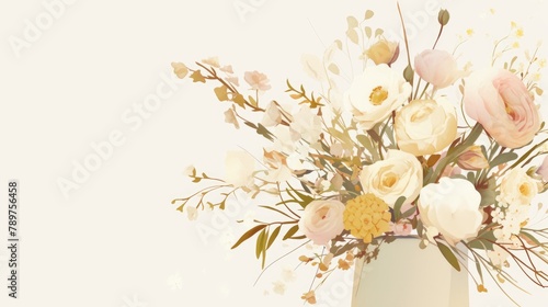 2d illustration of a bunch of flowers in a chic beige porcelain vase perfect for a cozy home setting or to adorn a romantic greeting card or invitation with a touch of simplicity and style © AkuAku