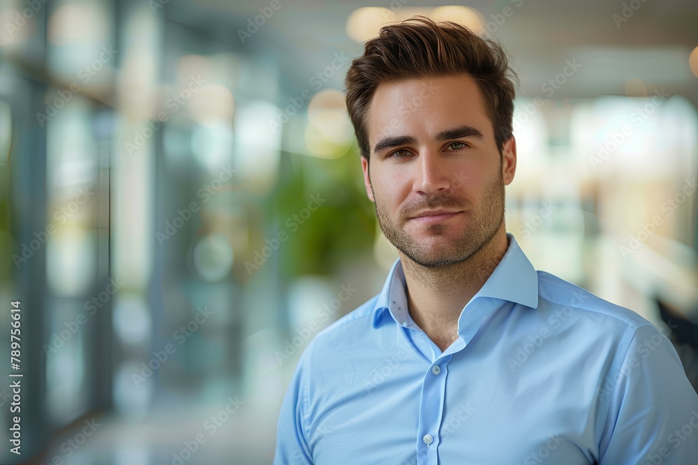 a clean shaven IT project manager wearing a blue dress shirt on office background. generative AI a clean shaven IT project manager wearing a blue dress shirt on office background. generative AI