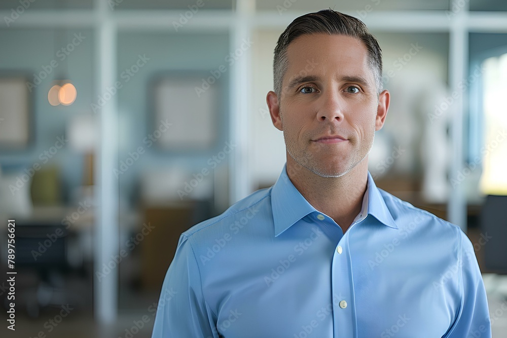 Obraz premium a clean shaven IT project manager wearing a blue dress shirt on office background. generative AI
