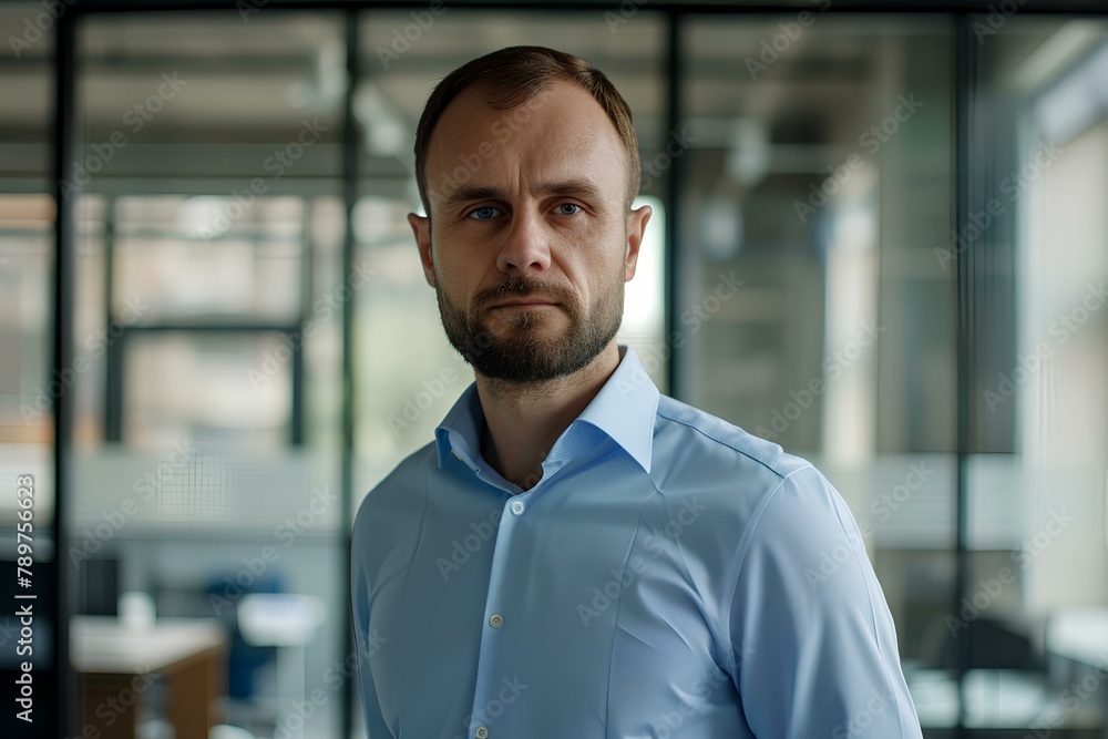 a clean shaven IT project manager wearing a blue dress shirt on office background. generative AI a clean shaven IT project manager wearing a blue dress shirt on office background. generative AI