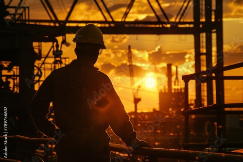 Silhouette of worker at construction site in sunset. Building industry concept © Nana