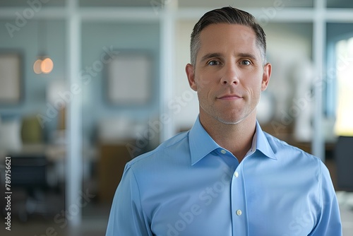 a clean shaven IT project manager wearing a blue dress shirt on office background. generative AI