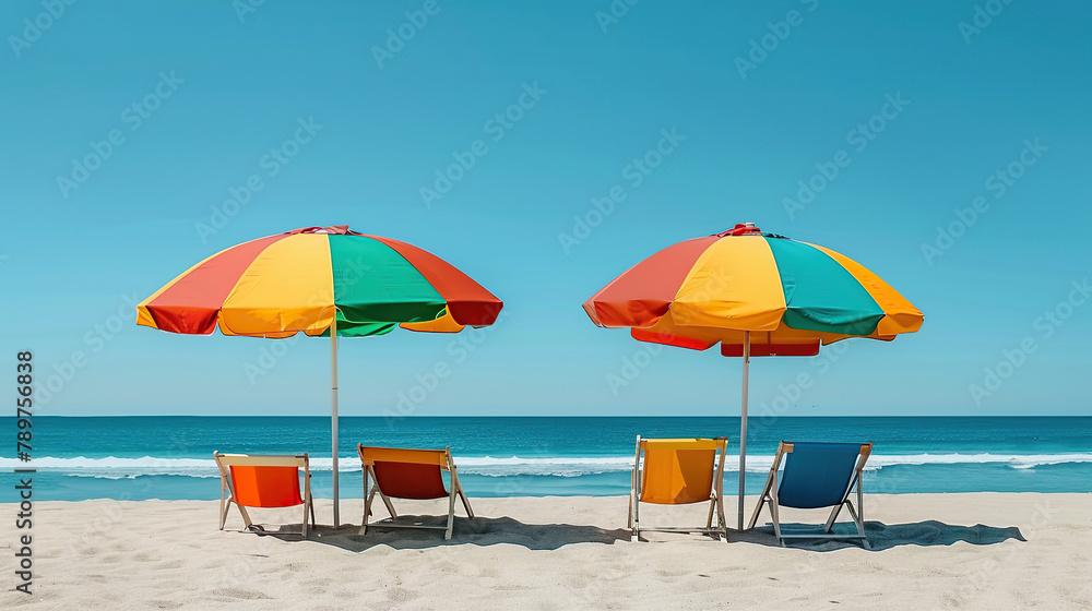 Two empty seats under a multicolored rainbow umbrella stand on a sandy beach against the background of beautiful blue sea. Generative AI Two empty seats under a multicolored rainbow umbrella stand on a sandy beach against the background of beautiful blue sea. Generative AI