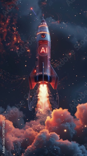 A rocket launches with "AI" emblazoned, symbolizing the synergy between startups and artificial intelligence, soaring towards innovation and advancement.






