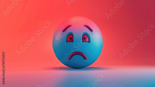 A cartoon rendition of a sad smiley emoticon in vibrant blue and red hues designed to resemble a cartoon icon