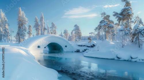 Wake up to the serene sounds of a frozen river flowing nearby a gentle reminder that you are truly one with nature while staying at the Ice Hotel Northern Lights Sanctuary. 2d flat cartoon.