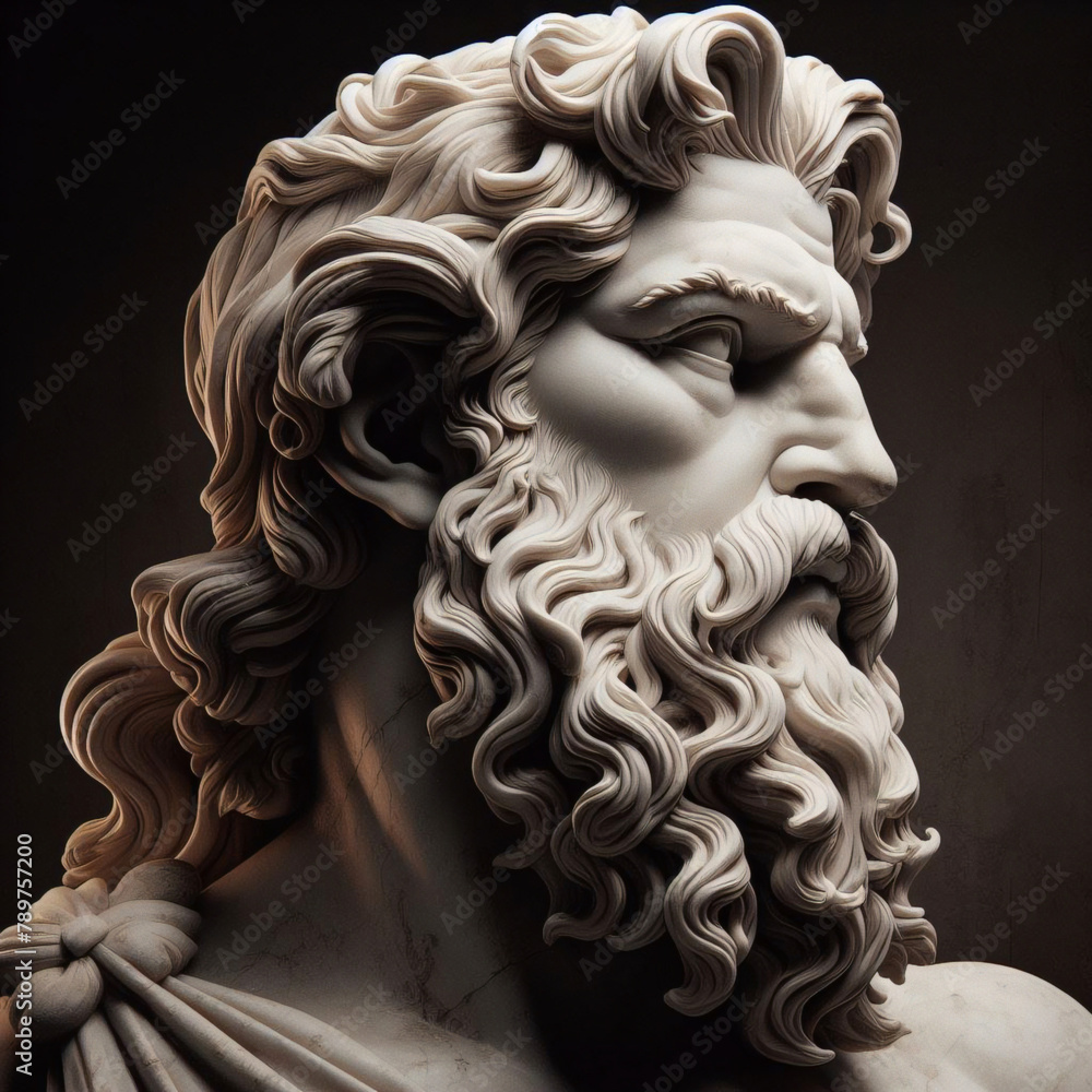 Illustration of a Renaissance statue of Zeus, king of the gods. god of sky and thunder. Zeus the king of the Greek gods ready to hurl lightning bolts down upon the earth and mankind.	