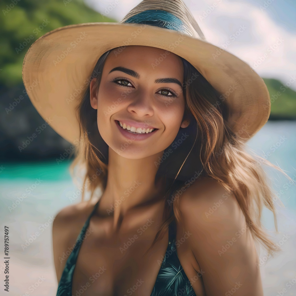 Retrato mujer sonriendo con un sombrero junto al mar