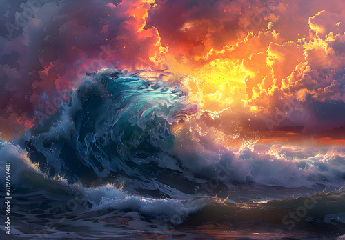 Huge blue ocean waves crashing at sunset during large swell in heavy storm wallpaper background, Seascape and disaster of nature concept photo