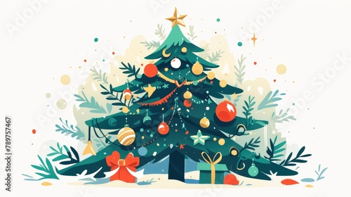 An animated flat cartoon spruce tree is adorned with colorful balls festive bowties and shimmering garlands in this isolated illustration set against a white background It serves as a charmi