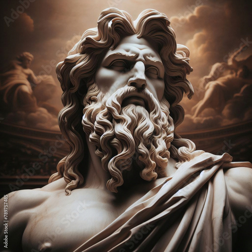 Illustration of a Renaissance statue of Zeus, king of the gods. god of sky and thunder. Zeus the king of the Greek gods ready to hurl lightning bolts down upon the earth and mankind.	 photo