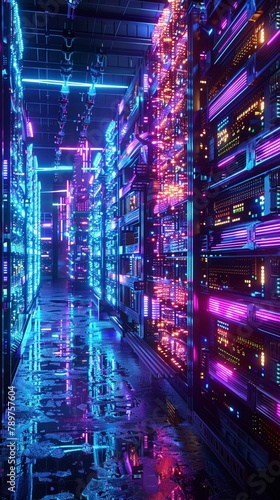 Cryptocurrency mining farm  neon lights  mid-angle  futuristic  vibrant energy  