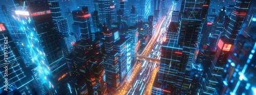Digital economies concept, cityscape with data streams, night, dynamic angles, cyberpunk style, 