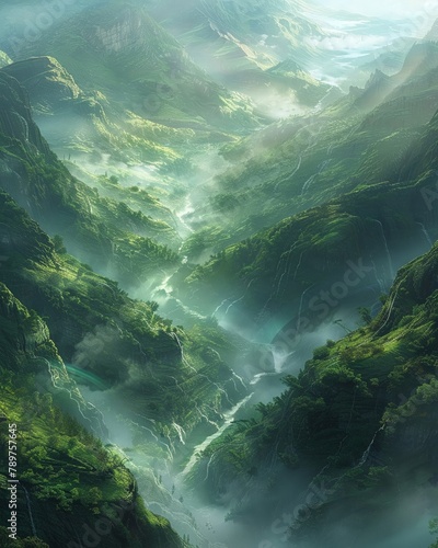 Echoing Emerald valleys  birds-eye  lush vibrance  misty  panoramic  enchanted landscape  