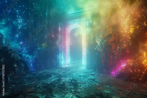 Mystic realm portal opening  vibrant lights  wide angle  otherworldly entrance  clean sharp focus 