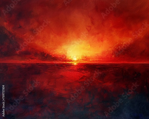Obscura flame horizon, sunset, wide angle, minimalist landscape, deep reds, soft shadows, © supansa