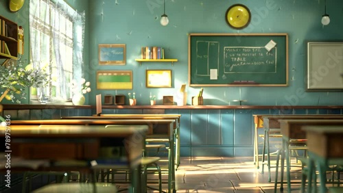 Classroom with chalkboard, desks, and chairs, suitable for educational presentations, schoolrelated designs, or backtoschool themes in various projects.