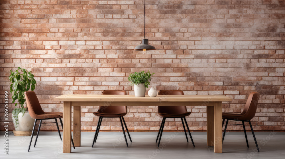 Dining table and chairs near terra cotta brick wall. Eclectic or bohemian style interior design of modern dining room. Generative AI Dining table and chairs near terra cotta brick wall. Eclectic or bohemian style interior design of modern dining room. Generative AI