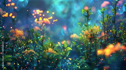 A digital artwork depicting a surreal landscape with vibrant glowing flora and fauna. Upon closer inspection the plants and animals are actually composed of tiny biofuel molecules .