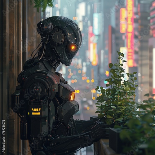 A robot gardening in a futuristic city, growing digital plants - Cyberpunk, digital photography, © supansa