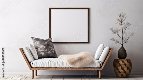 Chaise longue with gray pillows and plaid near stucco wall with blank mockup poster frame. Boho interior design of modern living room. Generative AI photo