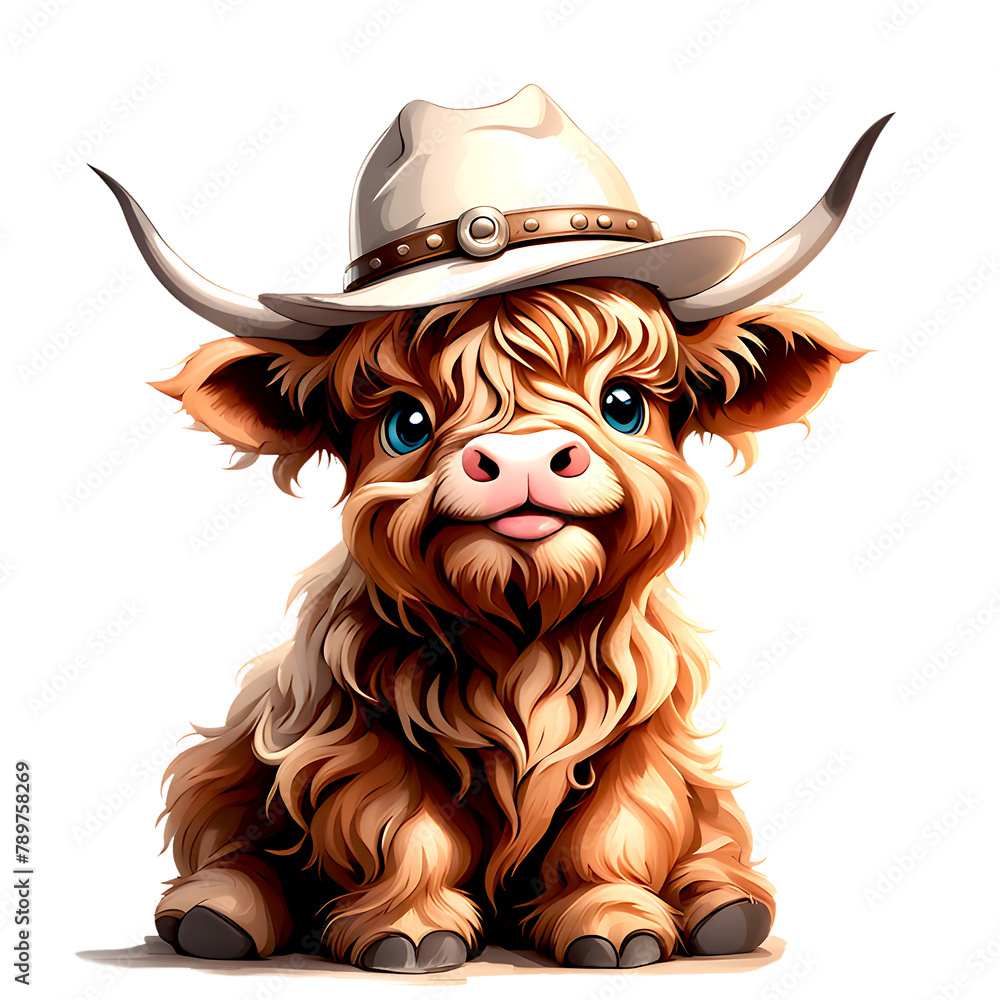 Cowboy Baby highland cow with hat png isolated , cute animal overlay for baby shower, party invitation