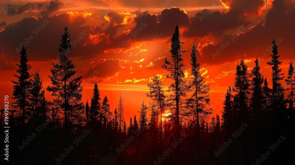 The silhouettes of pine trees are silhouetted against the backdrop of a fiery sunset signaling the end of another peaceful day in the wilderness. 2d flat cartoon. The silhouettes of pine trees are silhouetted against the backdrop of a fiery sunset signaling the end of another peaceful day in the wilderness. 2d flat cartoon.