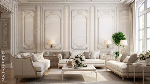 Classic interior design of living room with paneling wall and ceiling with cornices and moldings. Generative AI