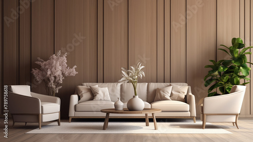 Beige sofa and armchairs against wood paneling wall. Minimalist home interior design of modern living room. Generative AI