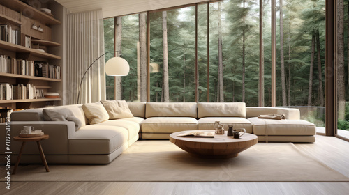 Beige corner sofa in room with round floor to ceiling window. Minimalist home interior design of modern living room in house in forest. Generative AI