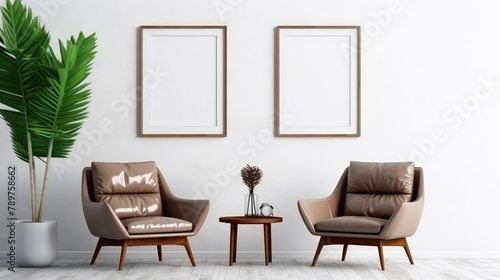 Two white leather chairs and round coffee table near white wall with poster frame. Mid-century style home interior design of modern living room. Generative AI