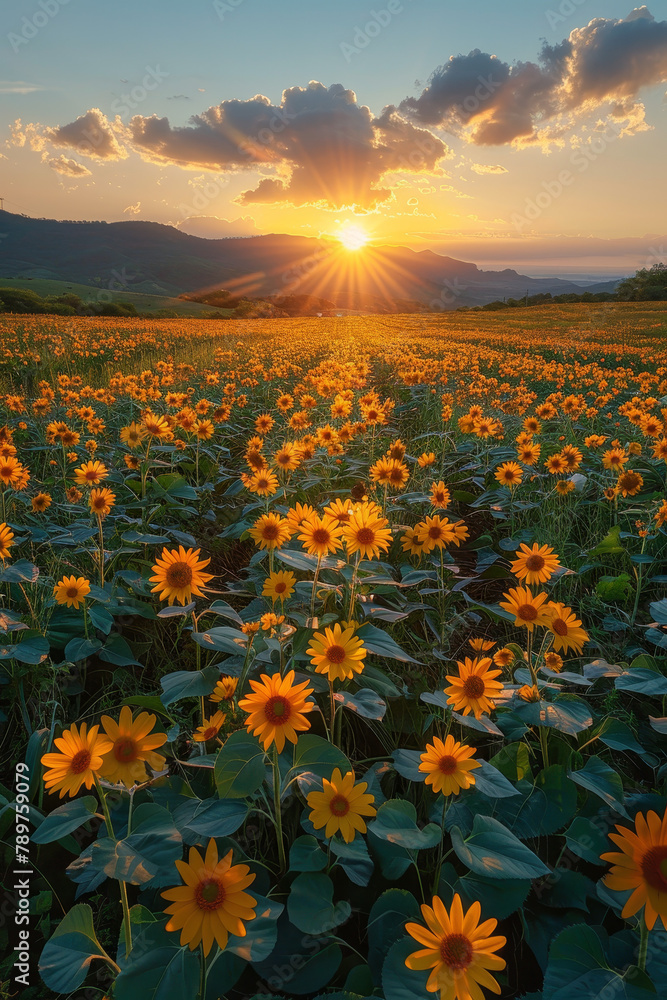 Fototapeta premium sunset over a field of sunflowers