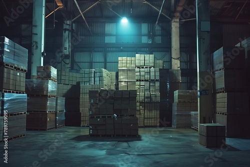: A monotonous stack of identical boxes in a warehouse, lit by artificial, flickering light. photo