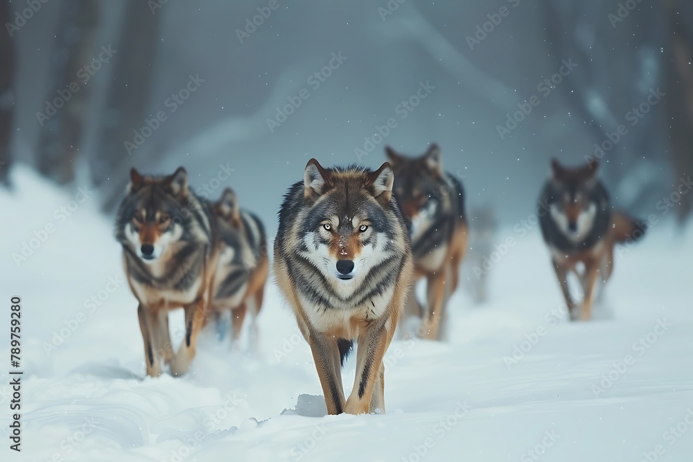 A pack of wolves in snow .