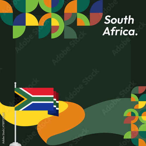 South Africa National Independence Day square banner. Modern geometric abstract background in colorful style for South Africa day. South Africa Independence greeting card cover with country flag.