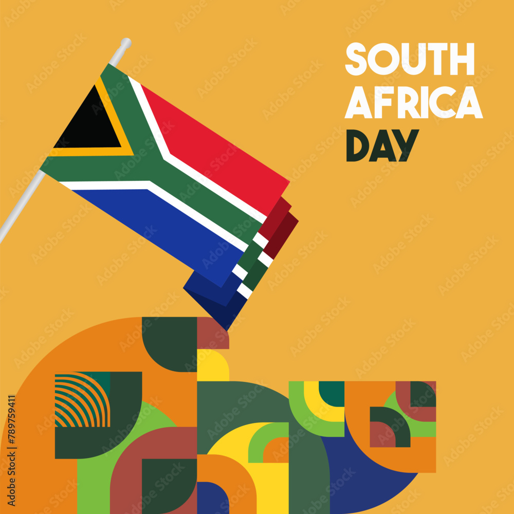 South Africa National Independence Day square banner. Modern geometric abstract background in colorful style for South Africa day. South Africa Independence greeting card cover with country flag.