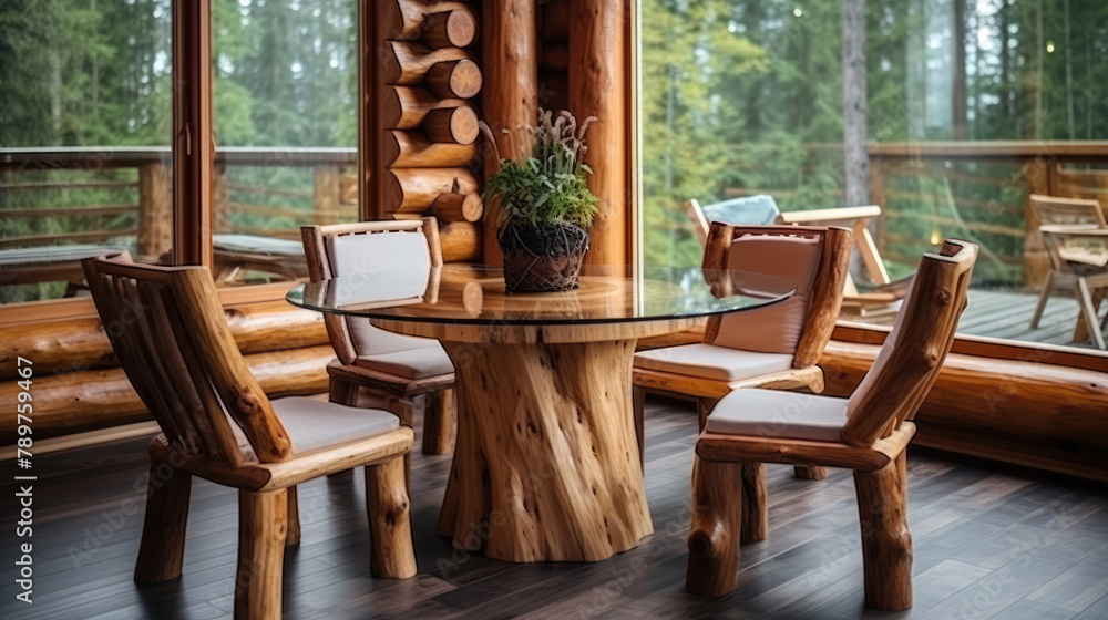 Handmade wooden log furniture, round dining table and chairs. Rustic interior design of modern living room in country house. Generative AI