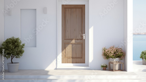 Main entrance door. White front door with landing in minimalist style home cottage house. Generative AI