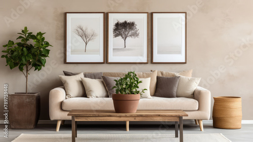 Rustic aged sofa  weathered old coffee table and houseplant in clay pots against wall with poster frame. Scandinavian home interior design of modern living room Generative AI