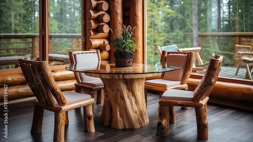 Handmade wooden log furniture  round dining table and chairs. Rustic interior design of modern living room in country house. Generative AI