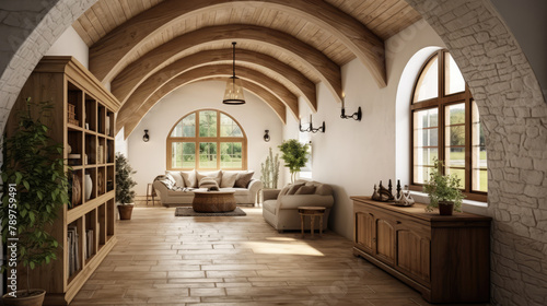 Arched ceiling and timber beams in farmhouse hallway. Rustic style interior design of entrance hall in country house. Generative AI