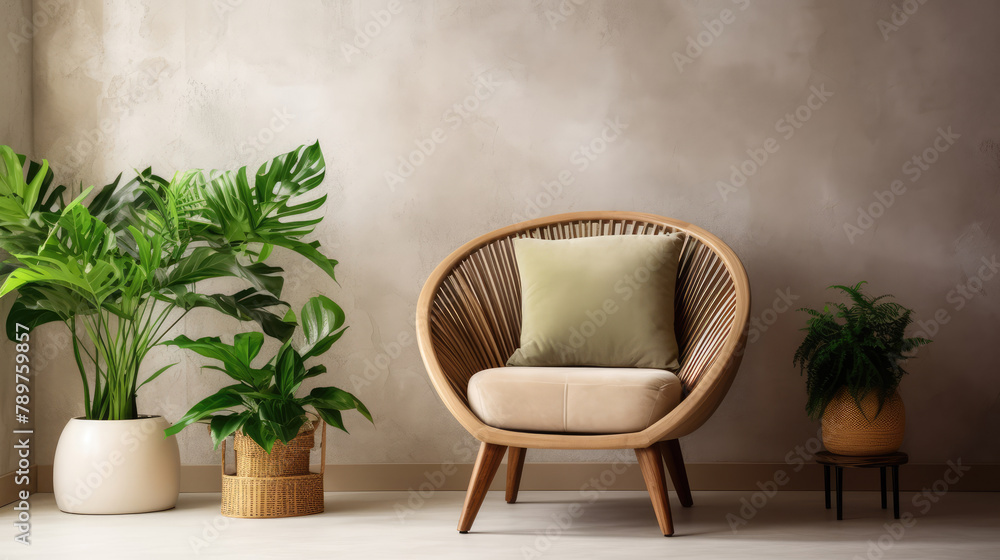 Cozy barrel chair between green houseplants near beige stucco wall. Home interior design of modern living room. Generative AI