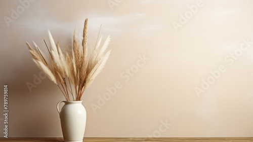 Wooden frame with blank canvas and vase with pampas grass on aged vintage table near beige wall with copy space. Boho, rustic home interior design of retro living room in farmhouse Generative AI