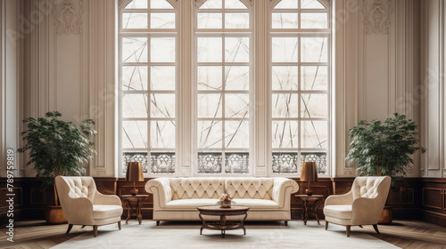 Close up of beige leather sofa and velvet armchairs against window in room with classic panel walls. Art deco style home interior design of modern living room. Generative AI