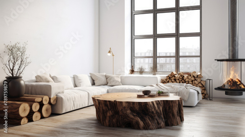 Rustic live edge coffee table made from tree trunk log near fireplace against white sofa. Scandinavian home interior design of modern living room with big windows. Generative AI