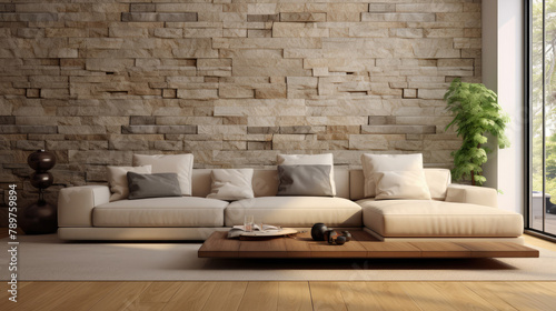 Beige sofa on hardwood floor near stone cladding wall. Minimalist style home interior design of modern living room. Generative AI